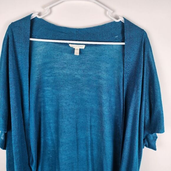 EILEEN FISHER WOMEN LARGE OPEN FRONT CARDIGAN SWEATER ORGANIC LINEN SHORT SLEEVE - Picture 2 of 6
